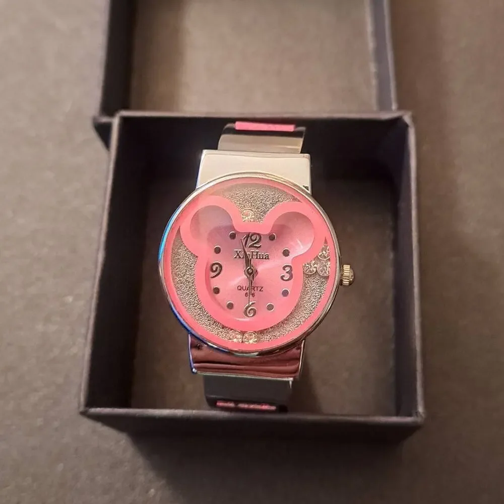 Girls Pink Character Bangle Quartz Stainless Steel Wristwatch